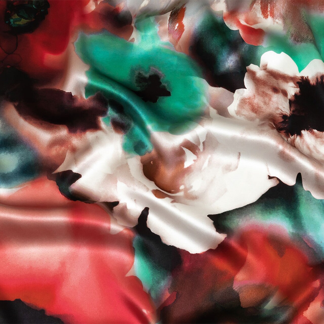 1 Yard Red Turquoise White Watercolor Floral Silk Charmeuse Luxury Fluid and Luxurious Italian Fabric 53 Inches Wide
